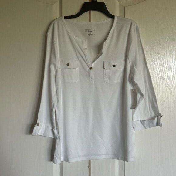 Charter Club Luxury Pima Cotton white V neck 3/4 sleeve Tee XL - Picture 1 of 8